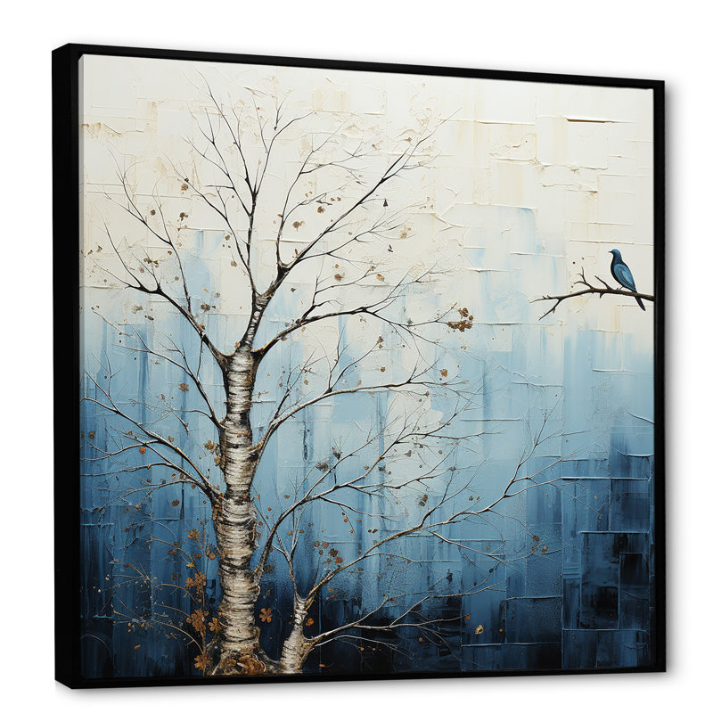 Minimalisme, arbre bleu, charme III sur toile, Cadre flottant noir, H 16 po x l 16 po x P 1 po