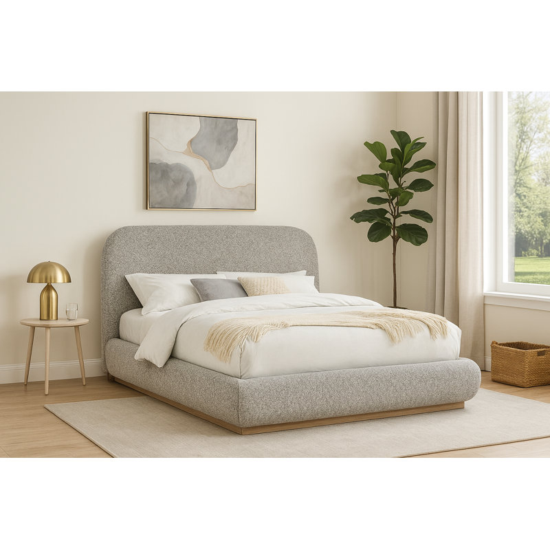 Lit plateforme entièrement rembourré en tissu Boucle Teddy, Gris riche, Très grand