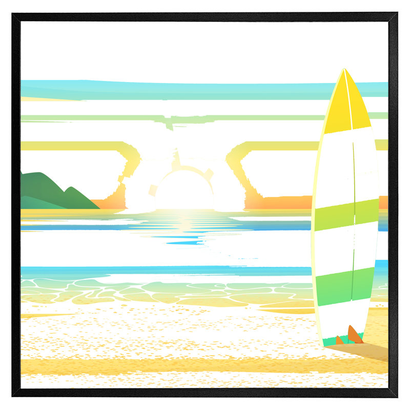 Primeau Surf Board On Beach - Single Picture Frame Print, Black Framed, 51cm H x 51cm W x 4cm D
