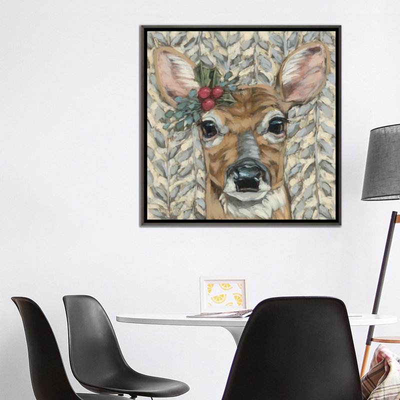 Holly Jolly Deer - reproduction d'art murale - toile encadrée, Gris, H 37 po x l 37 po