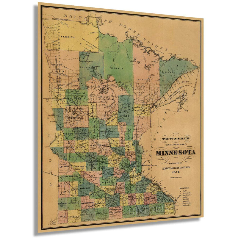 «1874 Minnesota Map», art mural, H 24 po x l 20 po x P 0,1 po