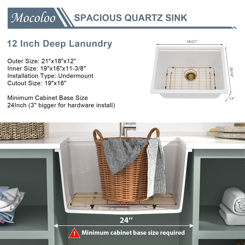 Évier de service encastré en quartz blanc de 21 po avec accessoires dorés Mocoloo, L 21 po x l 18 po