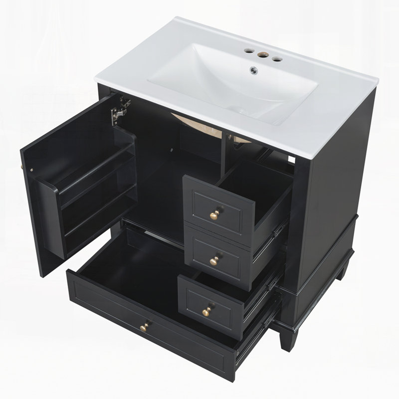 Meuble-lavabo 30 po avec lavabo, une porte avec tablette et trois tiroirs, porte à fermeture douce, noir, Noir