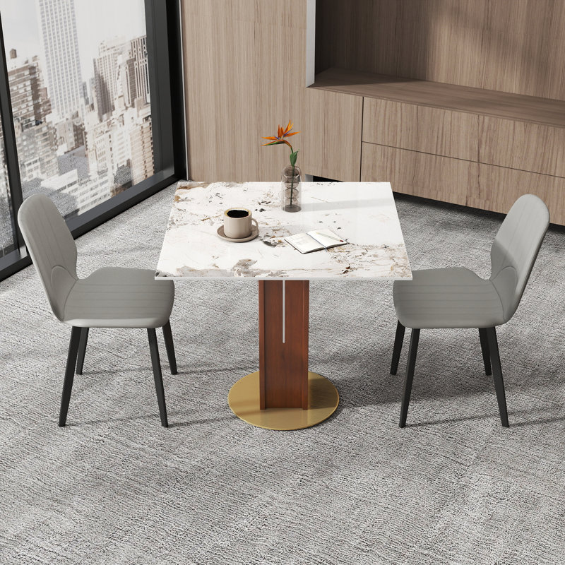 Ensemble 3 pièces de table de conférence moderne en pierre frittée carrée avec 2 chaises en cuir, Crème, Gris