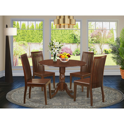 5 Piece Dining Room Furniture Set Includes a Round Kitchen Table with Dropleaf and 4 Dining Chairs, 42x42 Inch, Mahogany