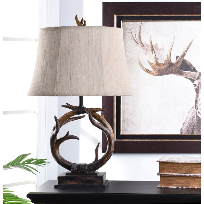 Dalton Antler Table Lamp - Dark Brown Finish - Beige Hardback Fabric Shade, Brown/Gray