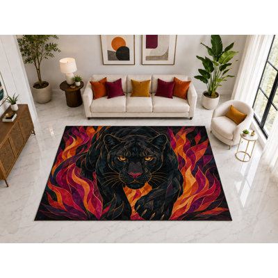 Grand tapis de flammes panthère noir 6 pi 7 po x 9 pi 10 po «Ultra Thin», tapis d'intérieur doux à poils courts, envers en silicone antidérapant pour le salon - orange