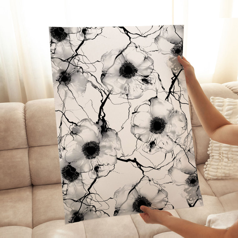 Impression florale moderne en noir et blanc, H 36 po x l 24 po