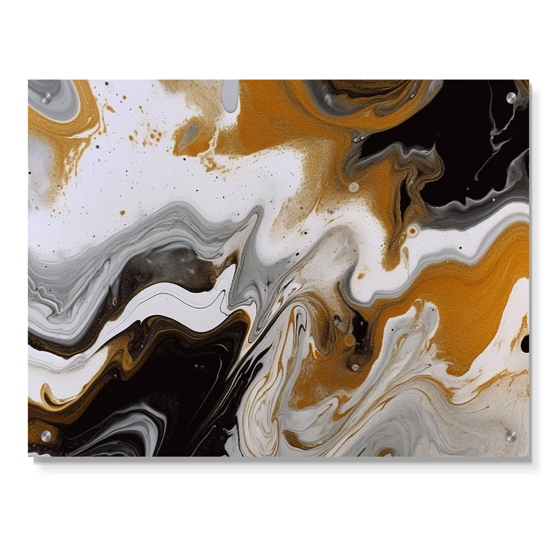 Art mural en acrylique doré et noir sur vagues III - Fractales modernes, H 24 po x l 32 po
