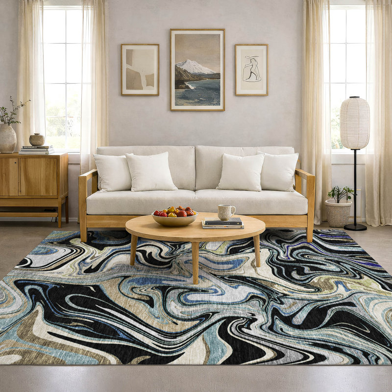 Premium Machine Washable Mayfield AMF2395 Abstract Rug, 10' x 14', Black