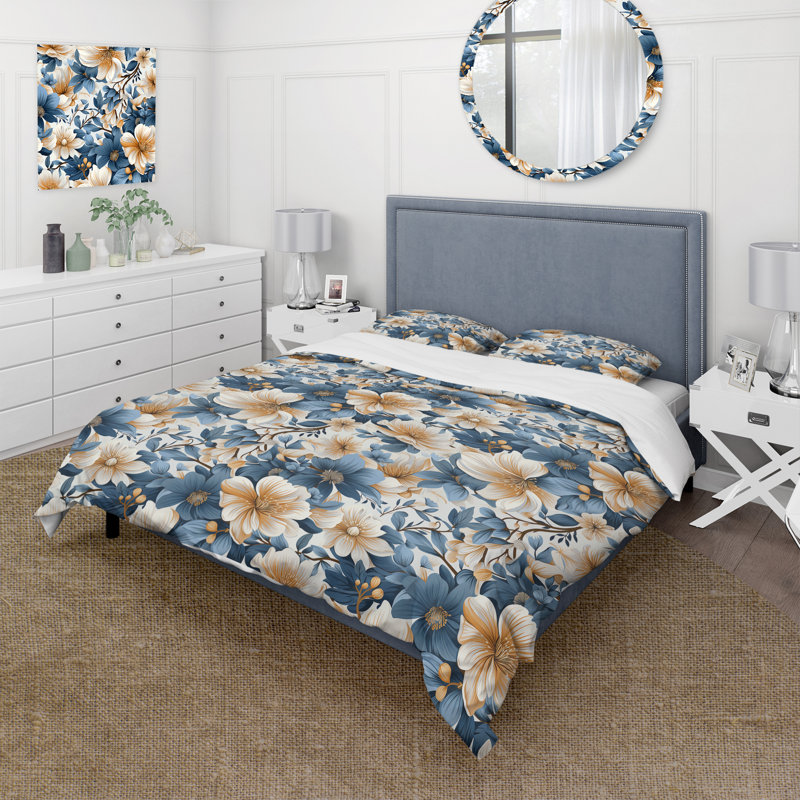 Ensemble de housse de couette bleu rétro motif floral Finesse III, Housse de couette pour grand lit et 2 taies décor