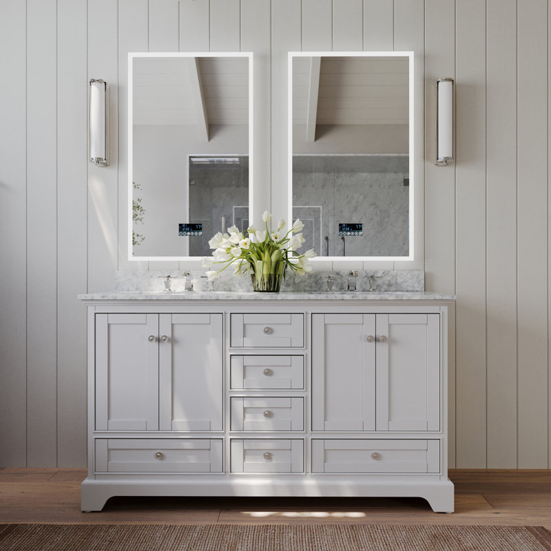 Audrey 66'' W Double Vanity, White| Brushed Nickel, Carrara White