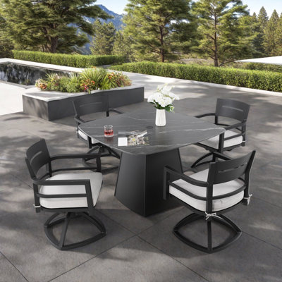 Ensemble repas 5 pièces pour l'extérieur avec table en pierre frittée de 44 po et 4 chaises pivotantes en aluminium antirouille à bascule, coussins Sun Brella, pour patio / piscine / terrasse, durable et élégant