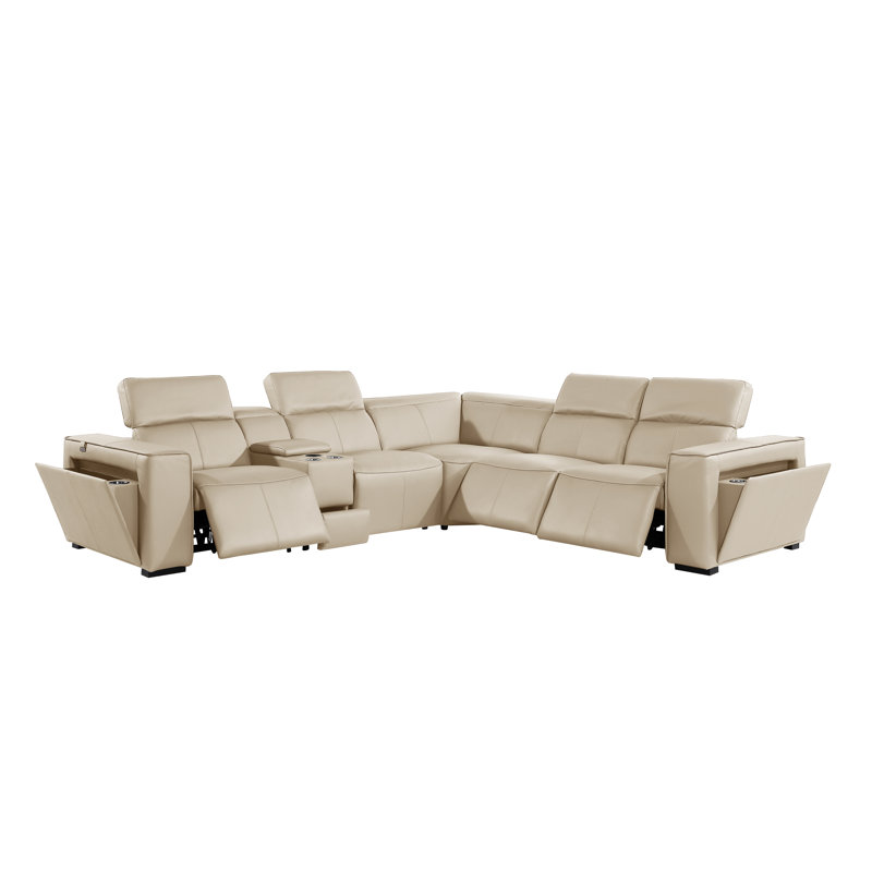Top Grain Italian Leather 6-Piece L-Shaped Modular Power Reclining Sectional With 3 Power Recliners & Power Headrests