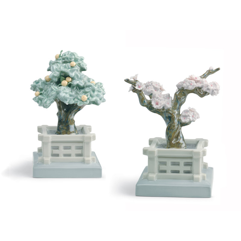 Elegant Japanese Tree Porcelain Sculpture Duo