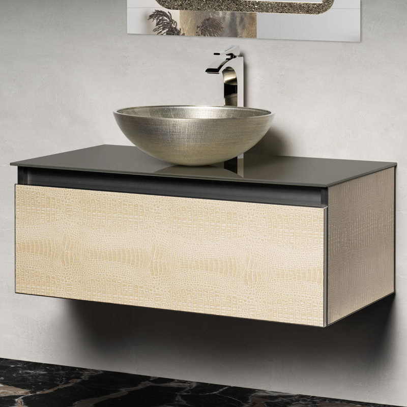 Meuble-lavabo simple avec comptoir, Crocodile clair, 35", Verre trempé noir