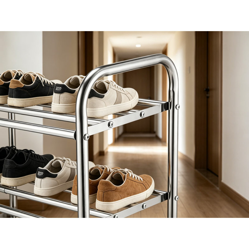 Range-chaussures extensible à 2 niveaux en acier inoxydable, longueur réglable de 15 à 27 pouces, conception à 4 tiges avec pieds de nivellement, tablette peu encombrante pour la salle de lavage du vestibule