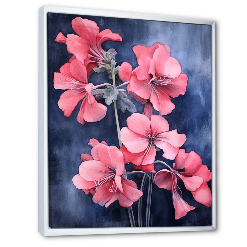 «Blue and Pink Geranium Minimal Expression», reproduction sur toile, Cadre flottant blanc, H 32 po x l 16 po x P 1 po