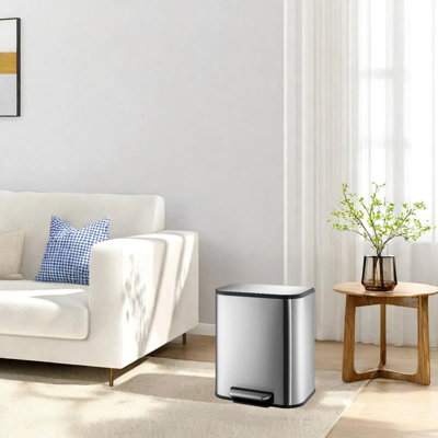 Step Trash Can, Stainless Steel Waste Bin with Soft-Close Lid, Rectangle Rubbish Bin with Removable Inner Bucket