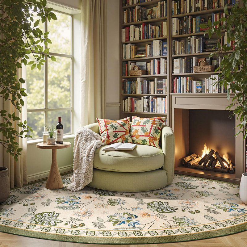 Chinoiserie Floral Rug Vintage Romance Design Washable Non-slip Green/Beige, Slice/Wedge 7', Green/Beige