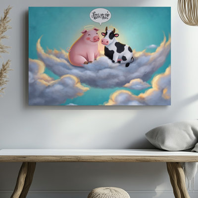 Toile dans une scène fantaisiste, art mural cochon et vache de style dessin animé, tous deux ornés de halos chatoyants