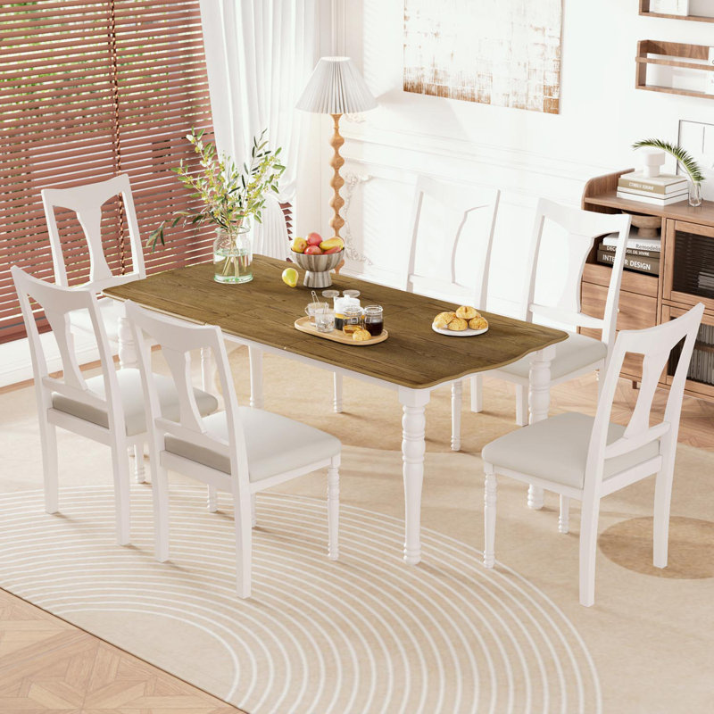 Ensemble de table de salle à manger 7 pièces avec rallonge amovible et 6 chaises d'appoint rembourrées, Naturel / Blanc