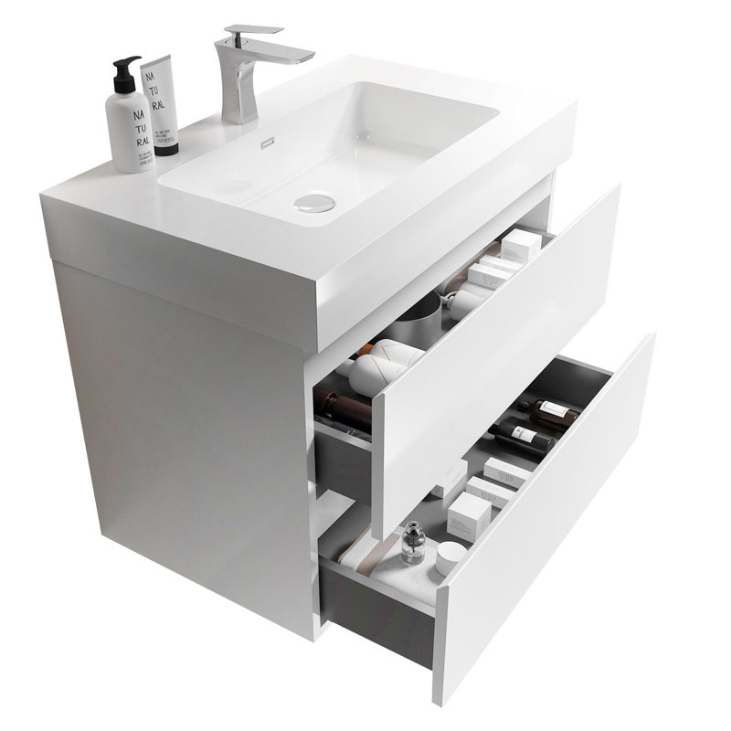 Meuble-lavabo simple 36 po avec surface solide et trop-plein, 36 po, pré-assemblé, Blanc lustré, 36", Blanc
