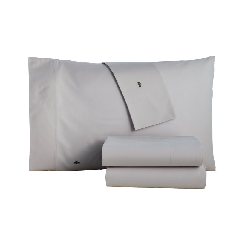 Lacoste Center Line Cotton Percale Sheet Set, Lightweight and Breathable Crisp Feel with Embroidered Crocodile, Light Grey, King