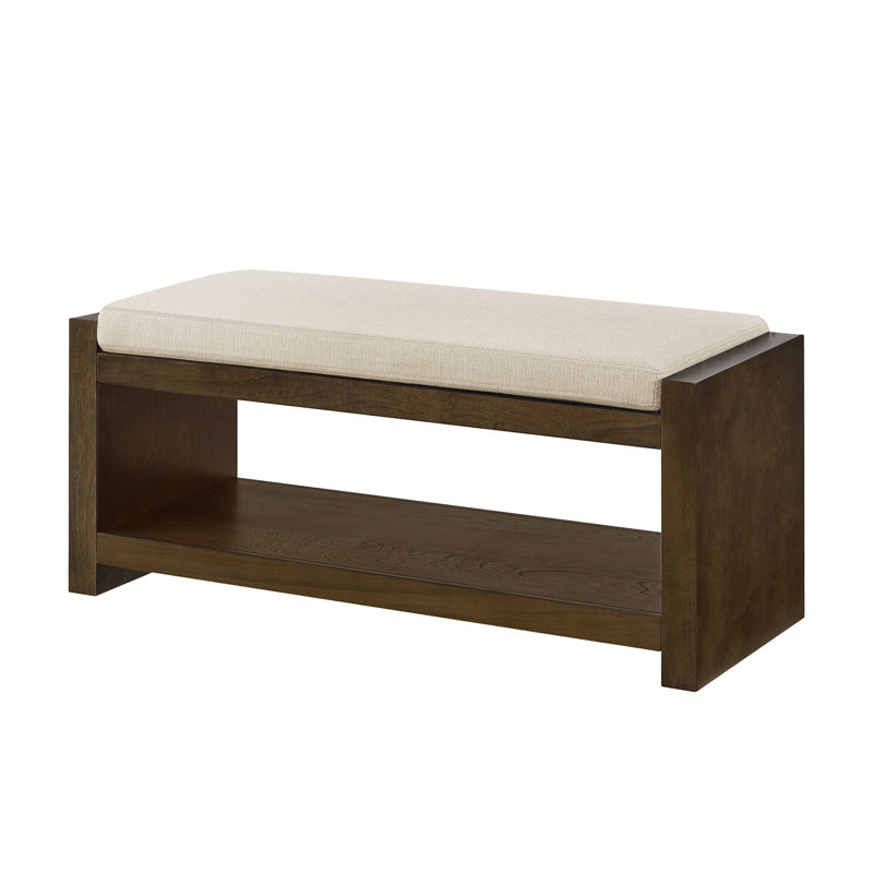 Accent Bench With Lower Shelf Shoe Rack, Padded Seating Bench, Ivory, 18.5" H x 40" W x 16.25" D