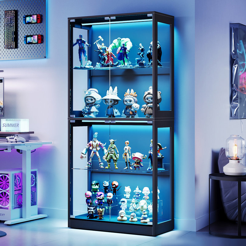 RGB Display Cabinet with Adjustable Glass Shelves, 4-Tier Storage Case with LED Lights & Press-to-Open Doors, Modern Display Shelf for Collectibles, Black 