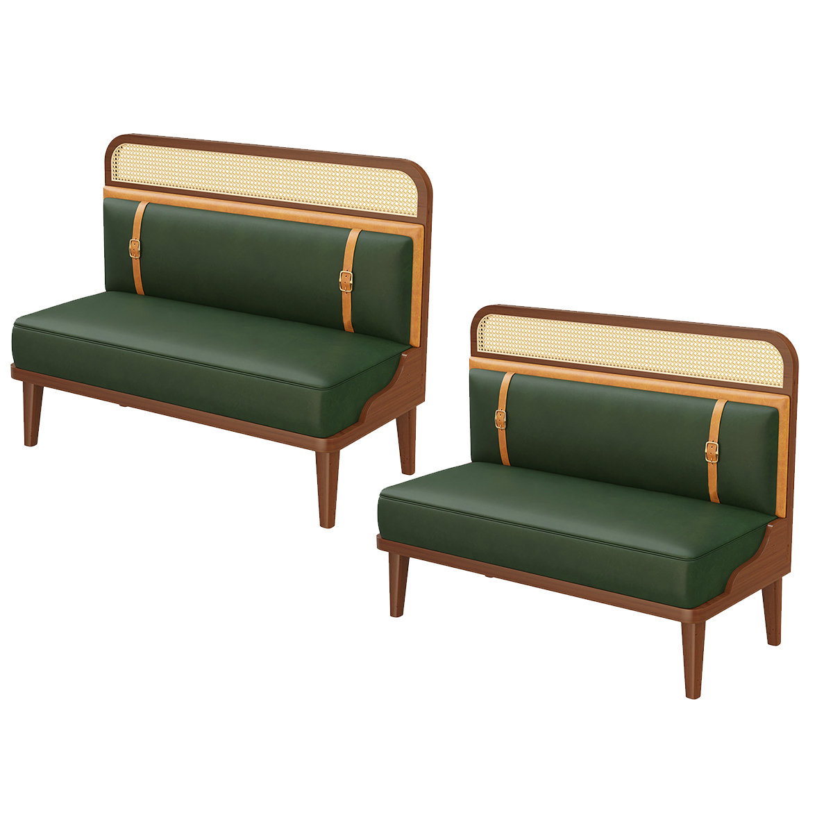 Rattan Faux Leather Double Bench Set of 2 Upholstered