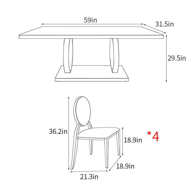 Light luxury rectangular home dining table sets, 29.5"H x 59"L x 31.5"W