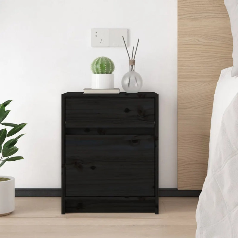 Godrich 40cm W Solid Wood Bedside Table, Black, Set of 2