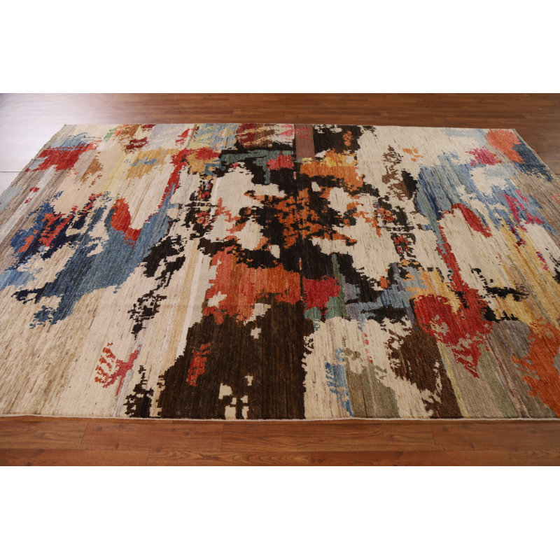 One-of-a-Kind 6'8" x 9'6" New Age Rectangle Wool Area Rug in Black and Cream