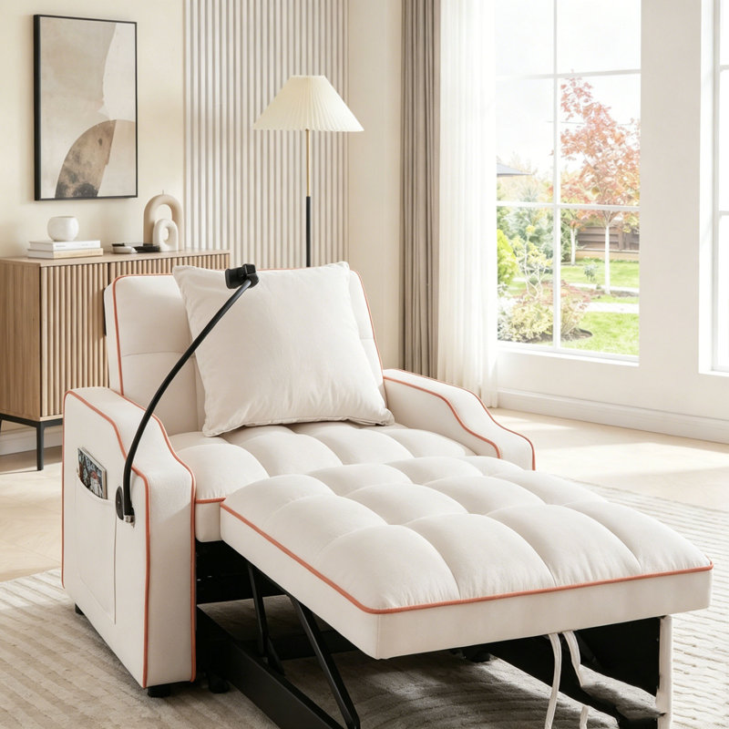 Canapé convertible 3 en 1 avec dossier réglable, support pour téléphone et port USB, Beige