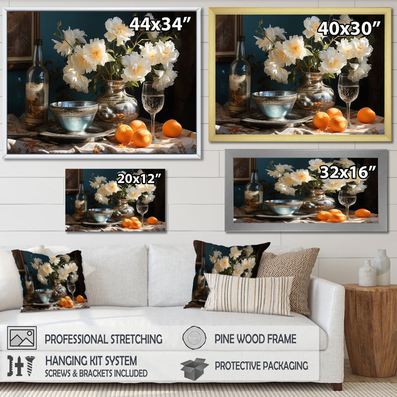 Serenity Floral Still Life - impressions sur toile florales, Cadre photo noir, H 34 po x l 44 po x P 1,5 po