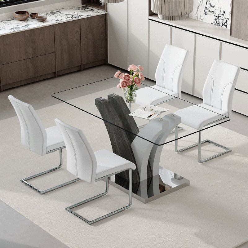 Ensemble de table de salle à manger de 63 po pour 4 personnes, comprenant un plateau en verre et des chaises en cuir. Cet ensemble de salle à manger en verre de 5 pièces convient aux maisons, aux restaurants et aux espaces de bureau.