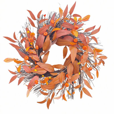 Couronne d'automne de 43 cm (16,92 pouces) en brindilles, avec de longues feuilles artificielles, des mini-citrouilles orange et des baies, idéale pour décorer une porte d'entrée ou pour Thanksgiving dans une maison de ferme.