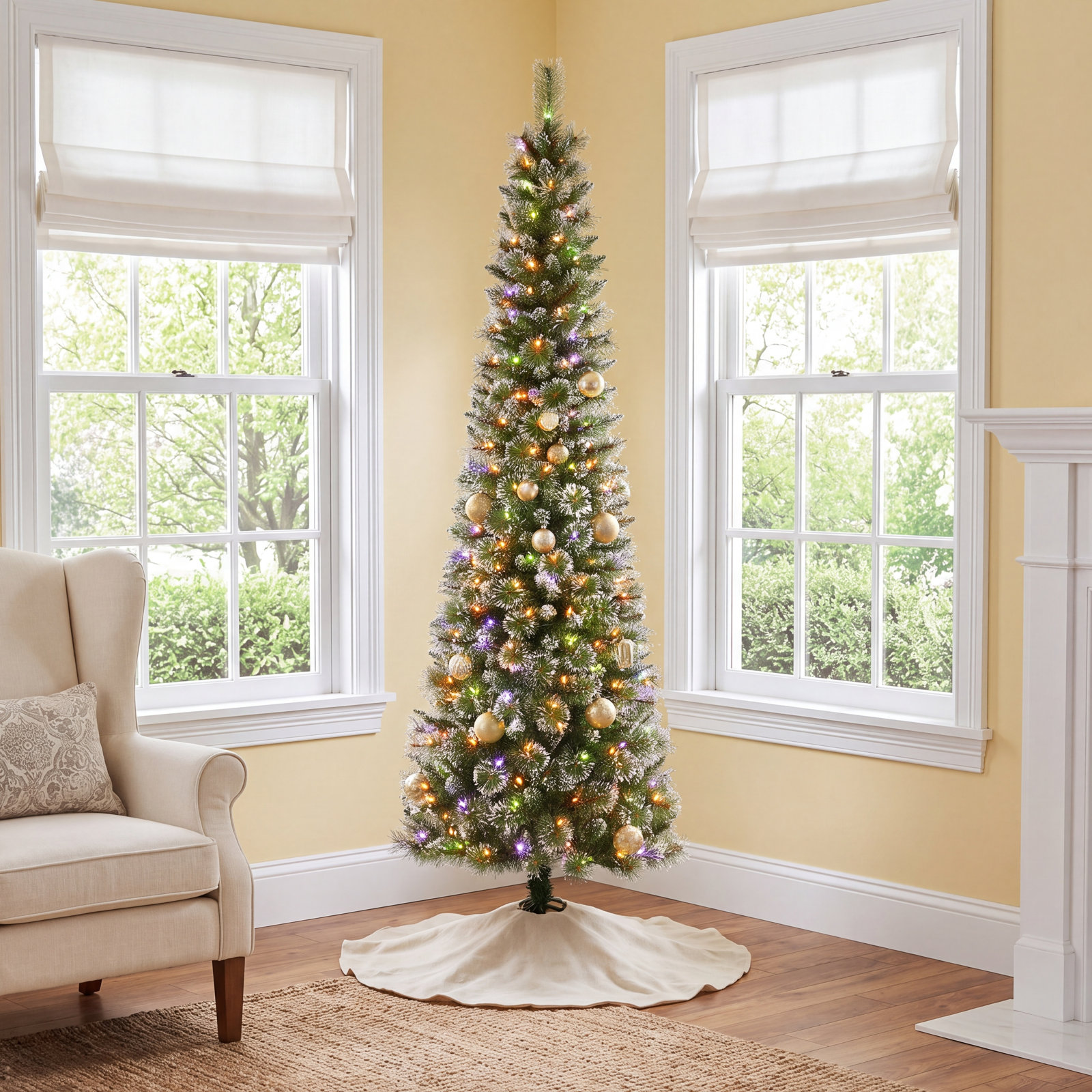Leilonie Flocked Pre-Lit Pine Christmas Tree, 7.5'
