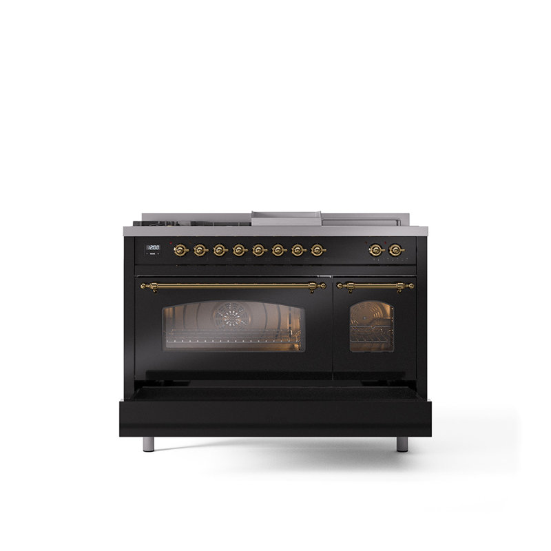 ILVE Nostalgie II Series 48 inch Dual Fuel Range with 5 Sealed Burners, Griddle, Frenchtop (Glass Door), Natural Gas