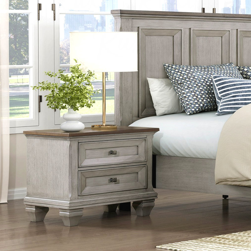 Table de chevet 2 tiroirs gris antique et brun, meubles de chambre à coucher 1 pièce