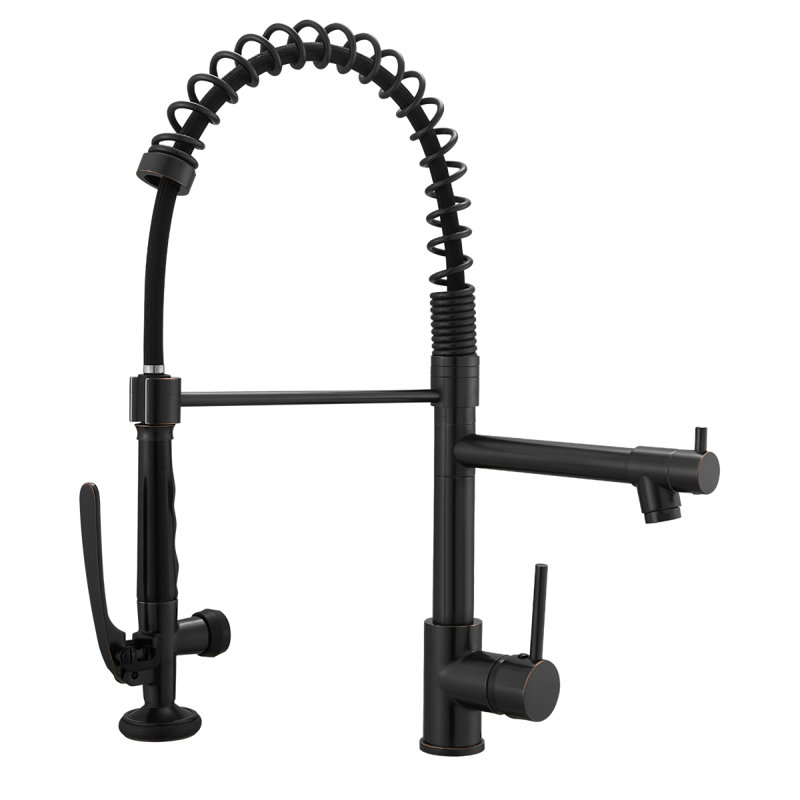 Robinet de cuisine commercial avec douchette rétractable et poignée simple, Bronze huilé, bronze