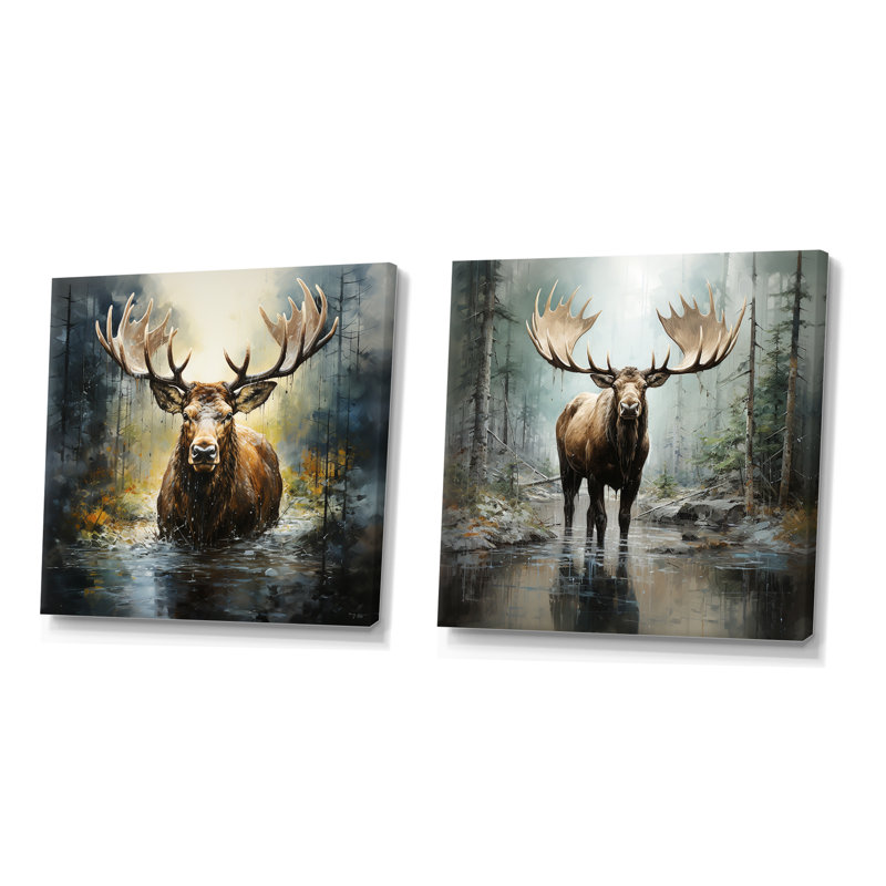 Mystic Moose In Forest I - Moose, ensemble de 2 reproductions d'art sur toile, Toile tendue, H 16 po x l 33 po x P 1 po