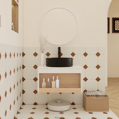 24" Floating Vanity with Matte Black Round Vessel Sink, Open Shelf Storage, White Finish