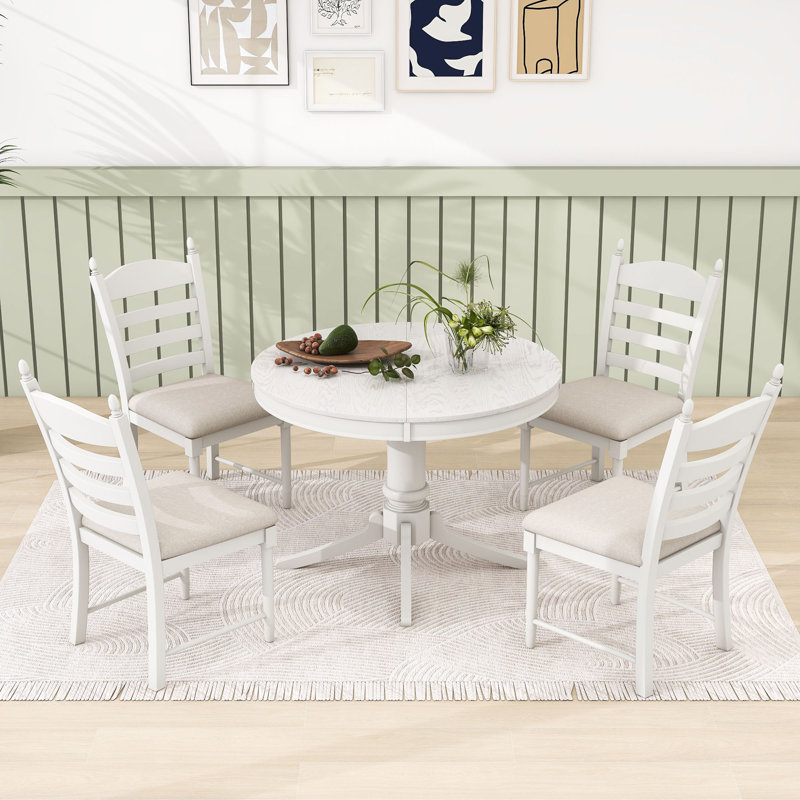 Ensemble de salle à manger à piédestal 5 pièces Gracelinn, table de salle à manger extensible ronde en bois et 4 chaises rembourrées