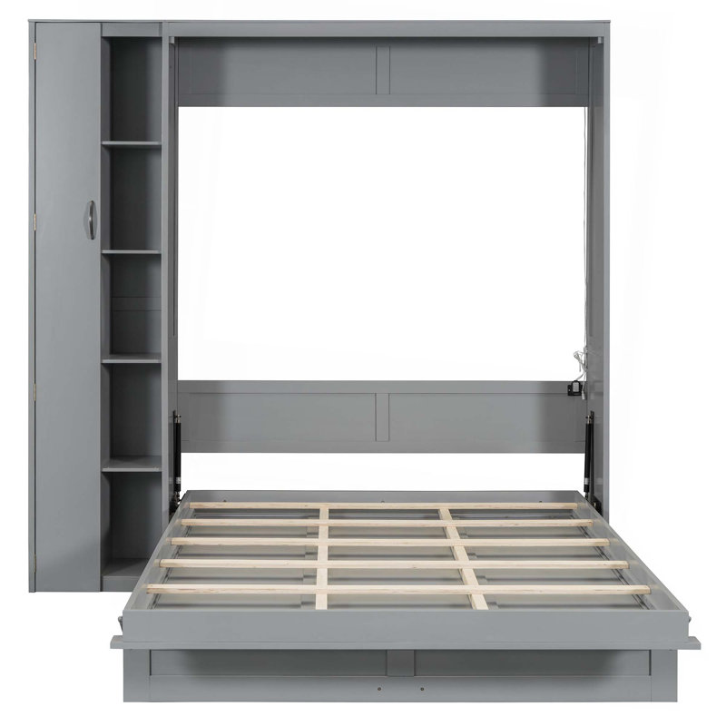Murphy Bed Wall Bed With Shelves, Wardrobe And LED Lights, Queen, Gray