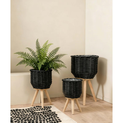 Ensemble de 3 paniers en rotin de polyester avec texture de corde et pieds fuselés en bois