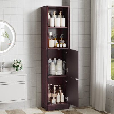 67" Tall Bathroom Organizer and Storage, Narrow Storage Cabinet with 2 Doors and 4 Shelves, Freestanding Floor Storage Unit,15.7" W x 11.8" D x 66.9" H, Brown