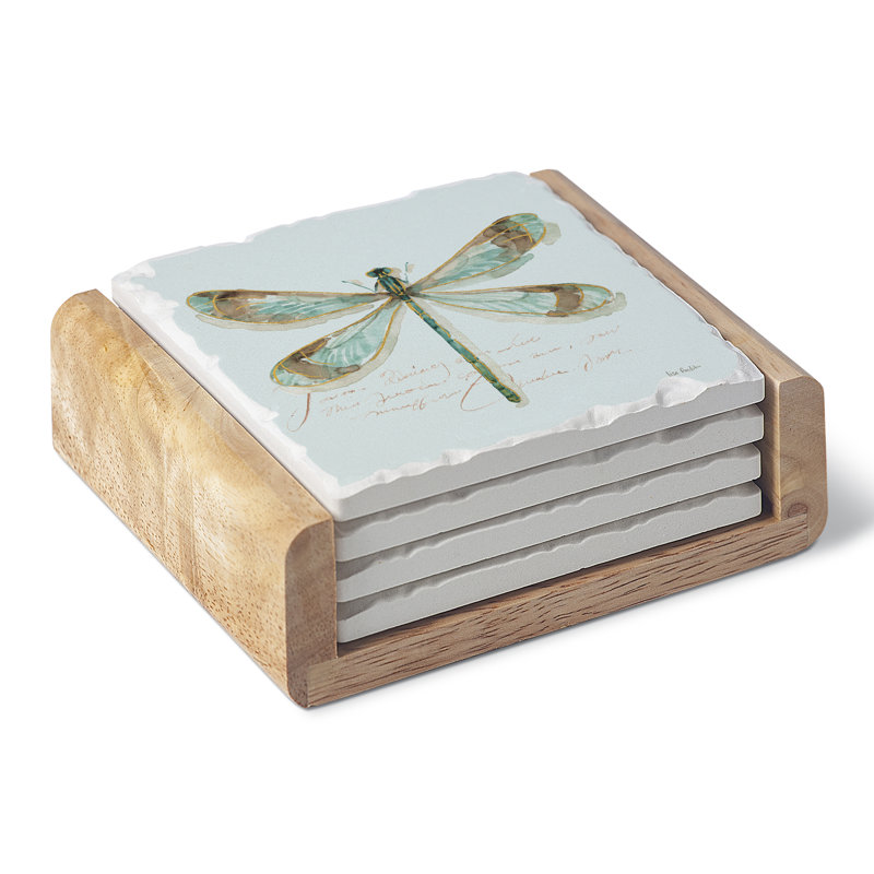 Absorbent Stoneware Square 4-Piece Coaster Set with Holder