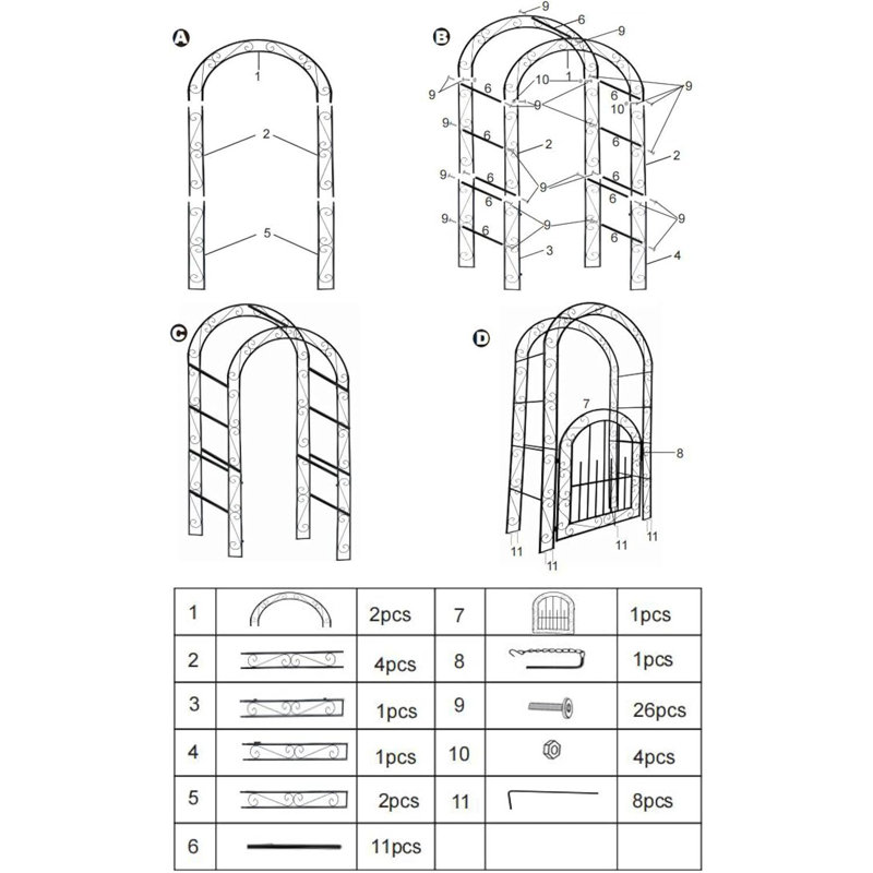 7 FT Classic Black Garden Arch, With Gate